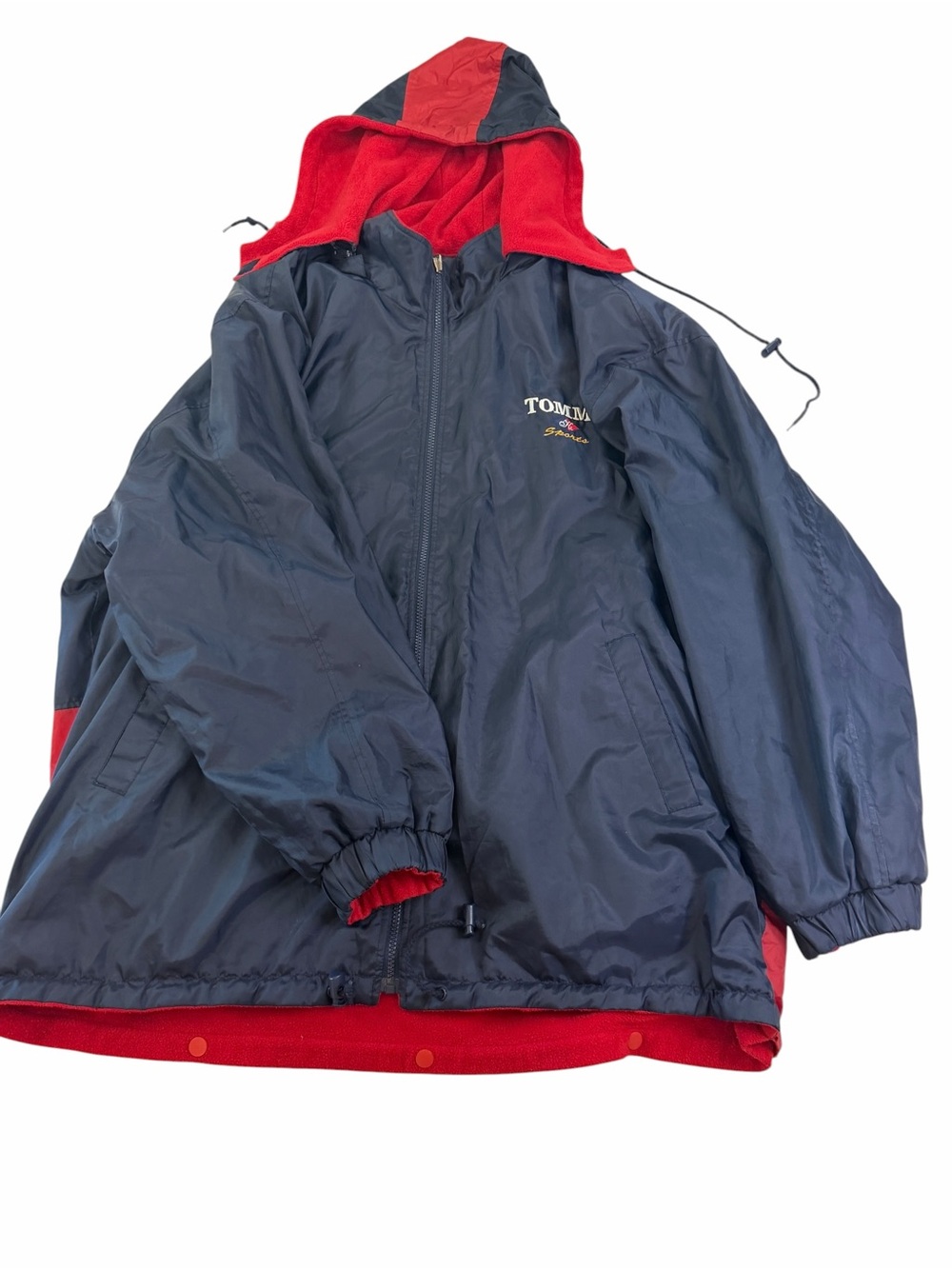 Tommy Hilfiger Navy and Red Hooded Windbreaker Jacket Vintage Y2K
